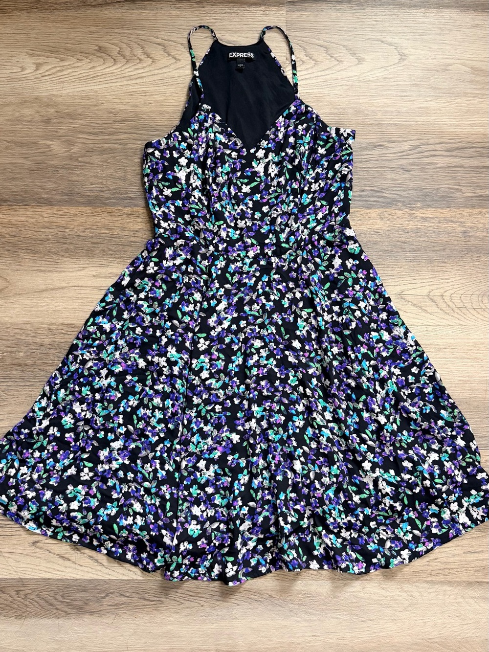 Express Black Floral Midi Dress with Purple & Teal Blossoms